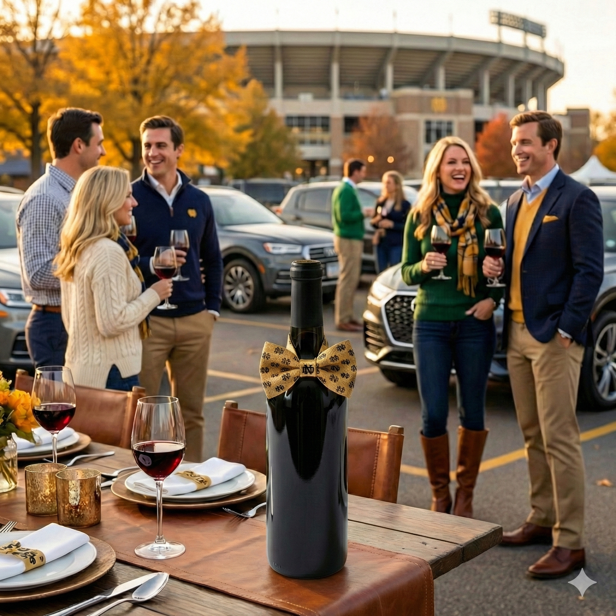 Tailgate Tie on wine bottle at upscale Notre Dame tailgate