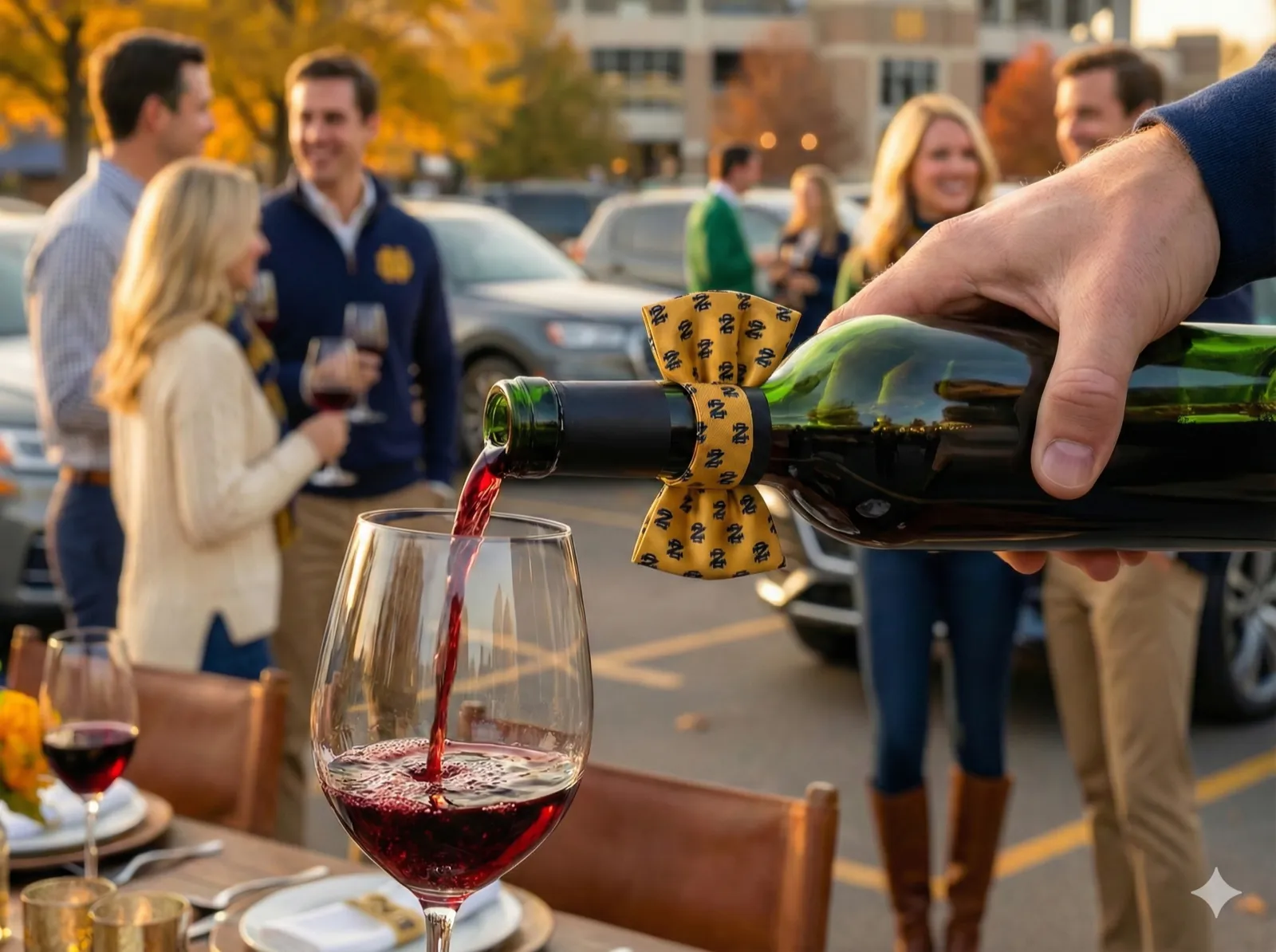 Pouring wine with Tailgate Tie on bottle